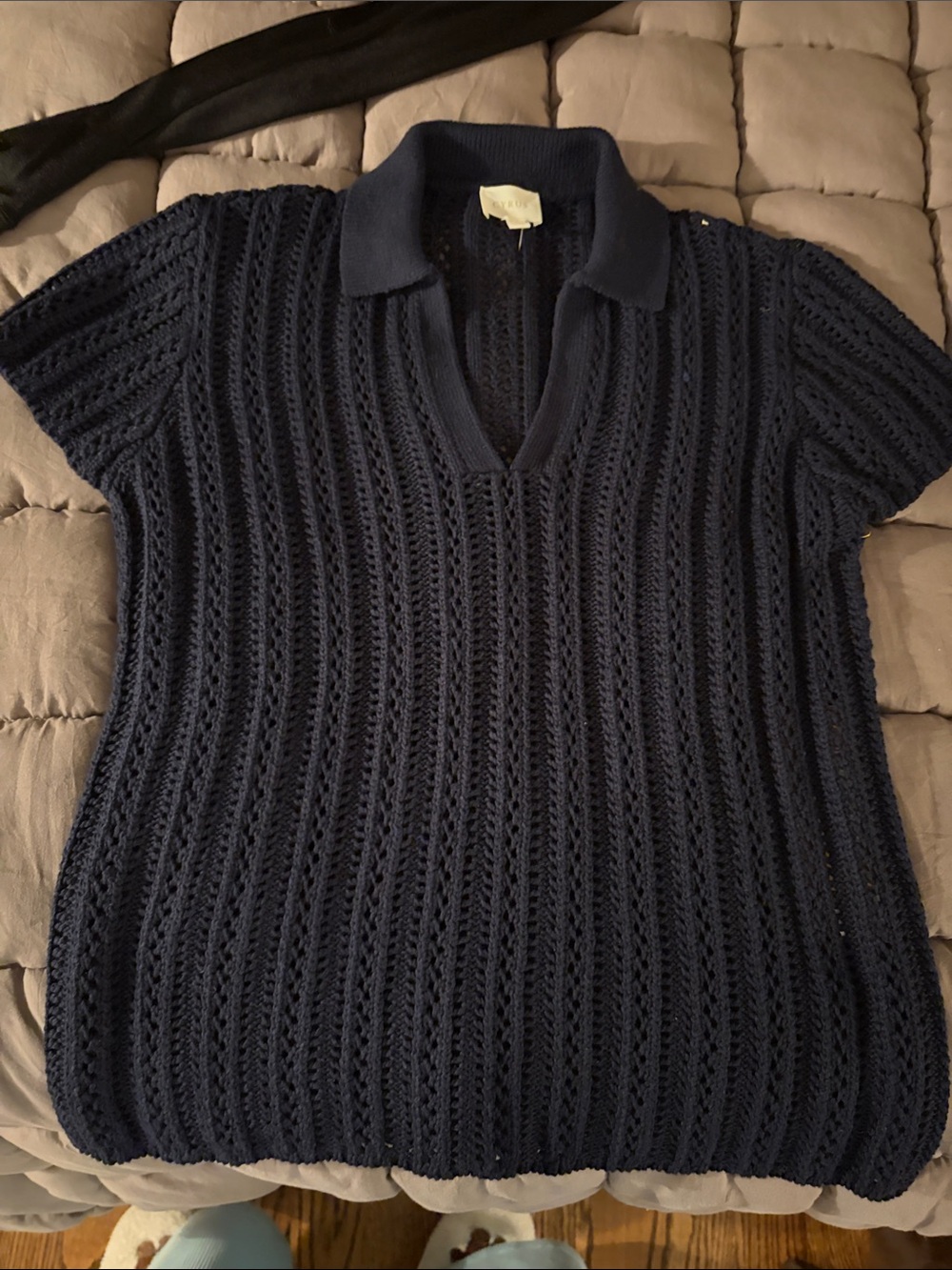 Cyrus Navy Open-Knit V-Neck Polo Sweater
